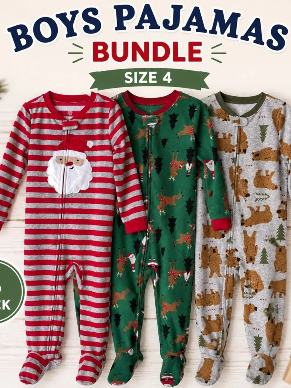 Boys Christmas Footed Pajamas Bundle Size 4 Carter’s 3-Pack